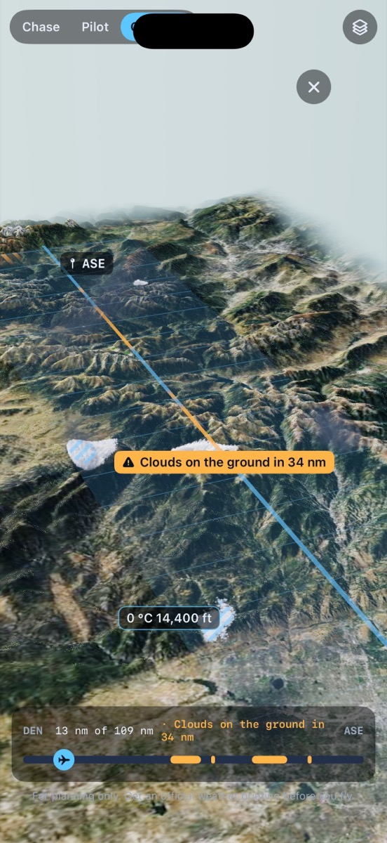 Skyslice overview of a route from Denver to Aspen: the Rockies in 3D with forecast clouds above them.
