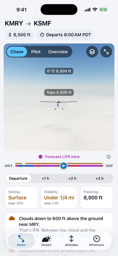 Route screen with the flight-category bar and a forecast LIFR callout.