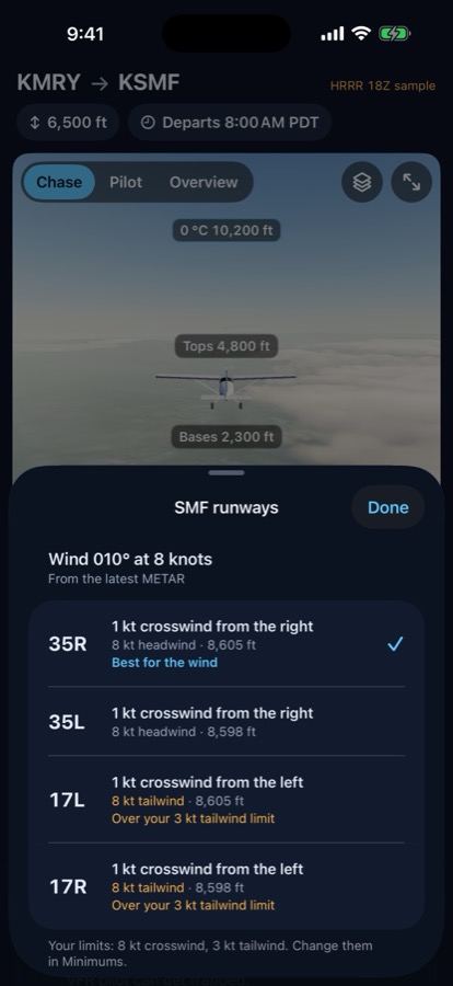 Runway list with crosswind and headwind for each runway end.